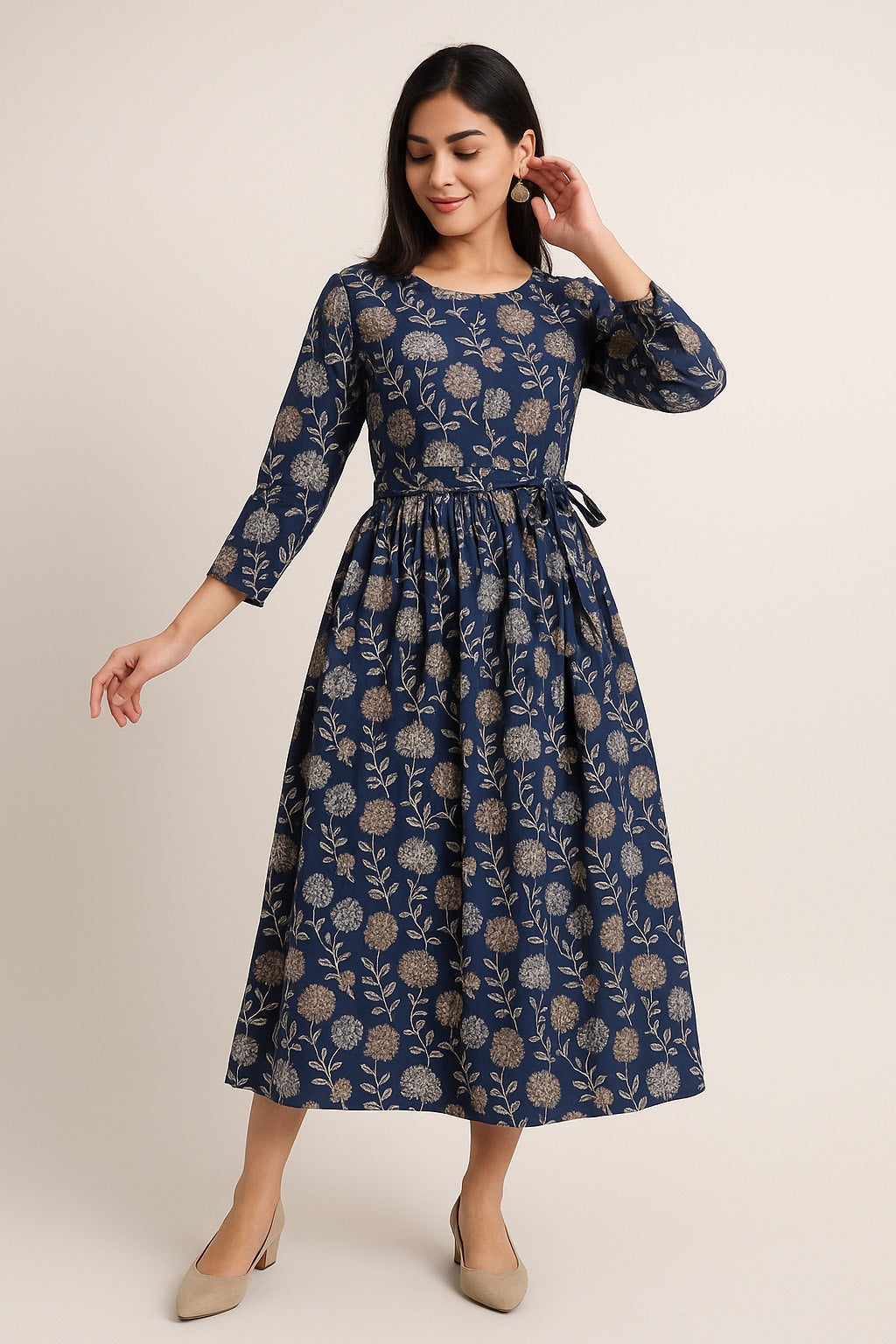 Midnight Bloom Kurti – Navy Blue with Silver-Gold Floral Elegance