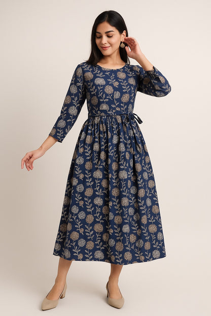 Midnight Bloom Kurti – Navy Blue with Silver-Gold Floral Elegance