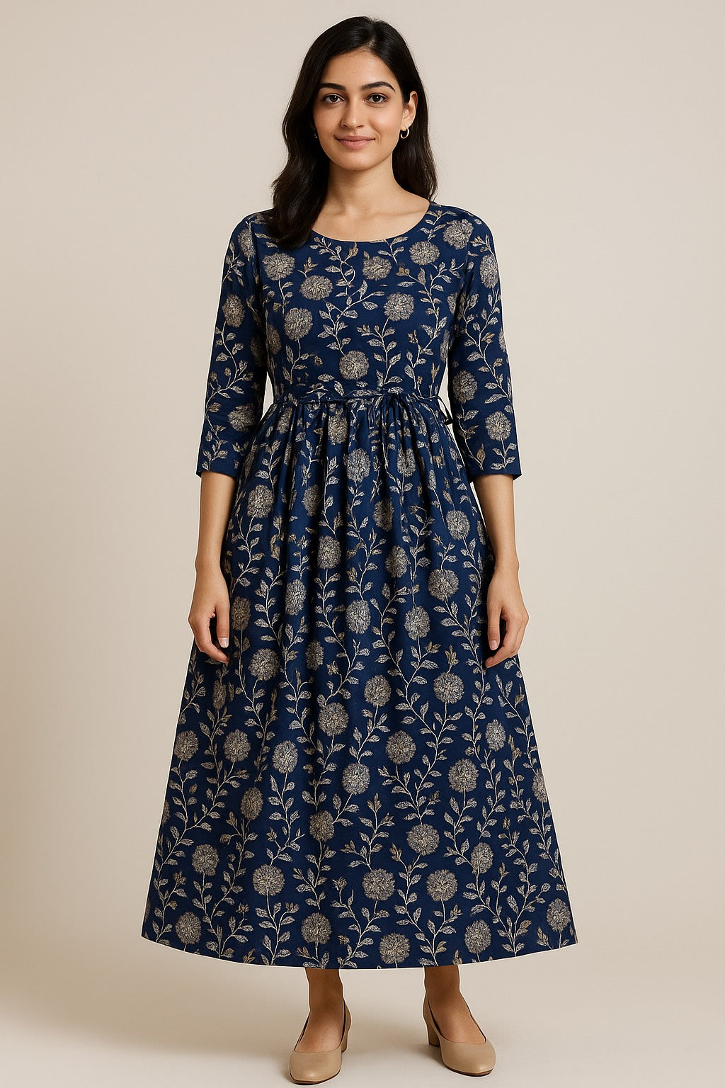 Midnight Bloom Kurti – Navy Blue with Silver-Gold Floral Elegance