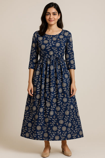 Midnight Bloom Kurti – Navy Blue with Silver-Gold Floral Elegance