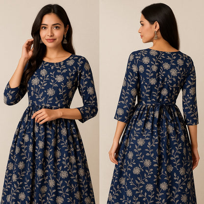 Midnight Bloom Kurti – Navy Blue with Silver-Gold Floral Elegance