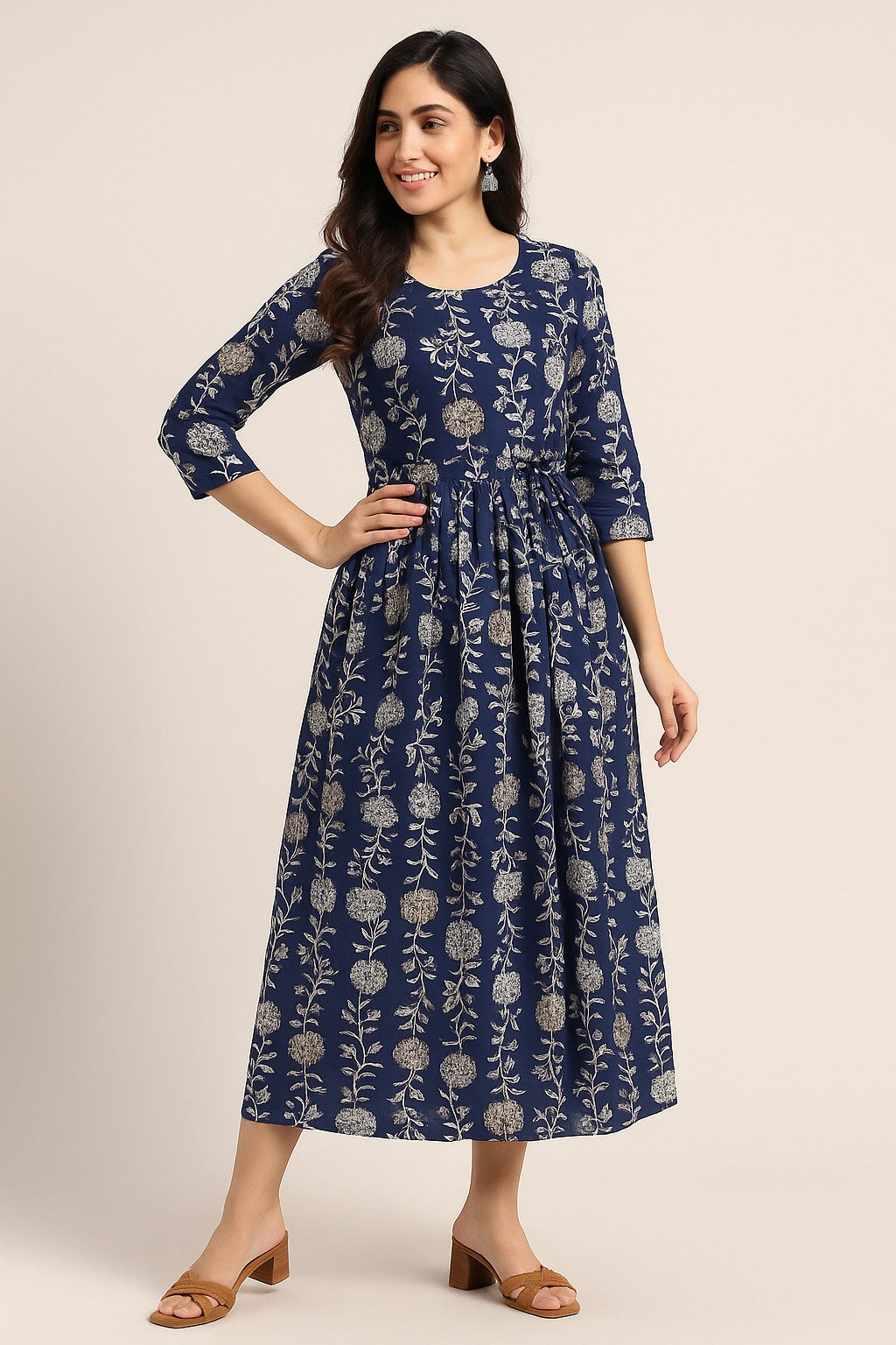 Midnight Bloom Kurti – Navy Blue with Silver-Gold Floral Elegance