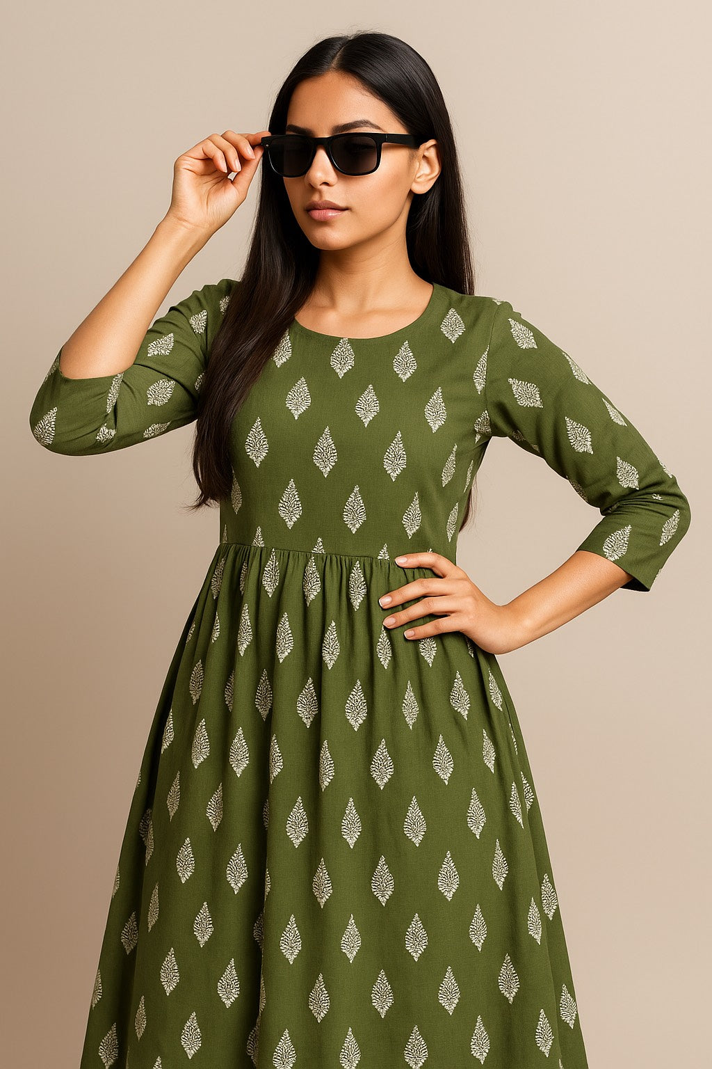 Elegant Green Kurthi with White Leaf Motif – Festive & Everyday Charm