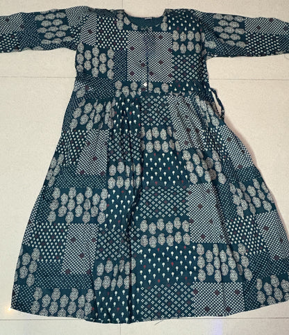 Green Patchwork Printed Kurthi – Elegant Full-Length Flared Design