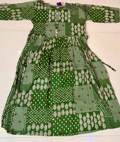 Green Patchwork Printed Kurthi – Elegant Full-Length Flared Design
