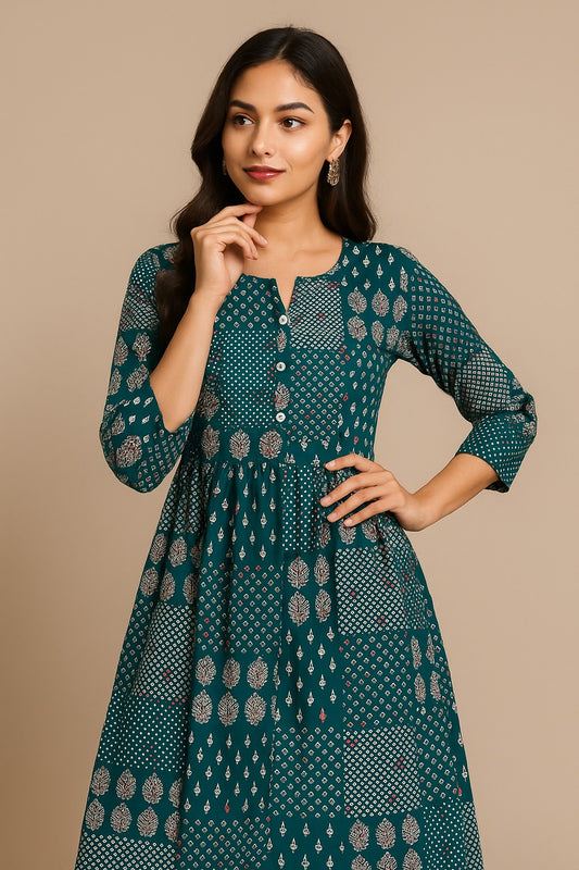 Green Patchwork Printed Kurthi – Elegant Full-Length Flared Design