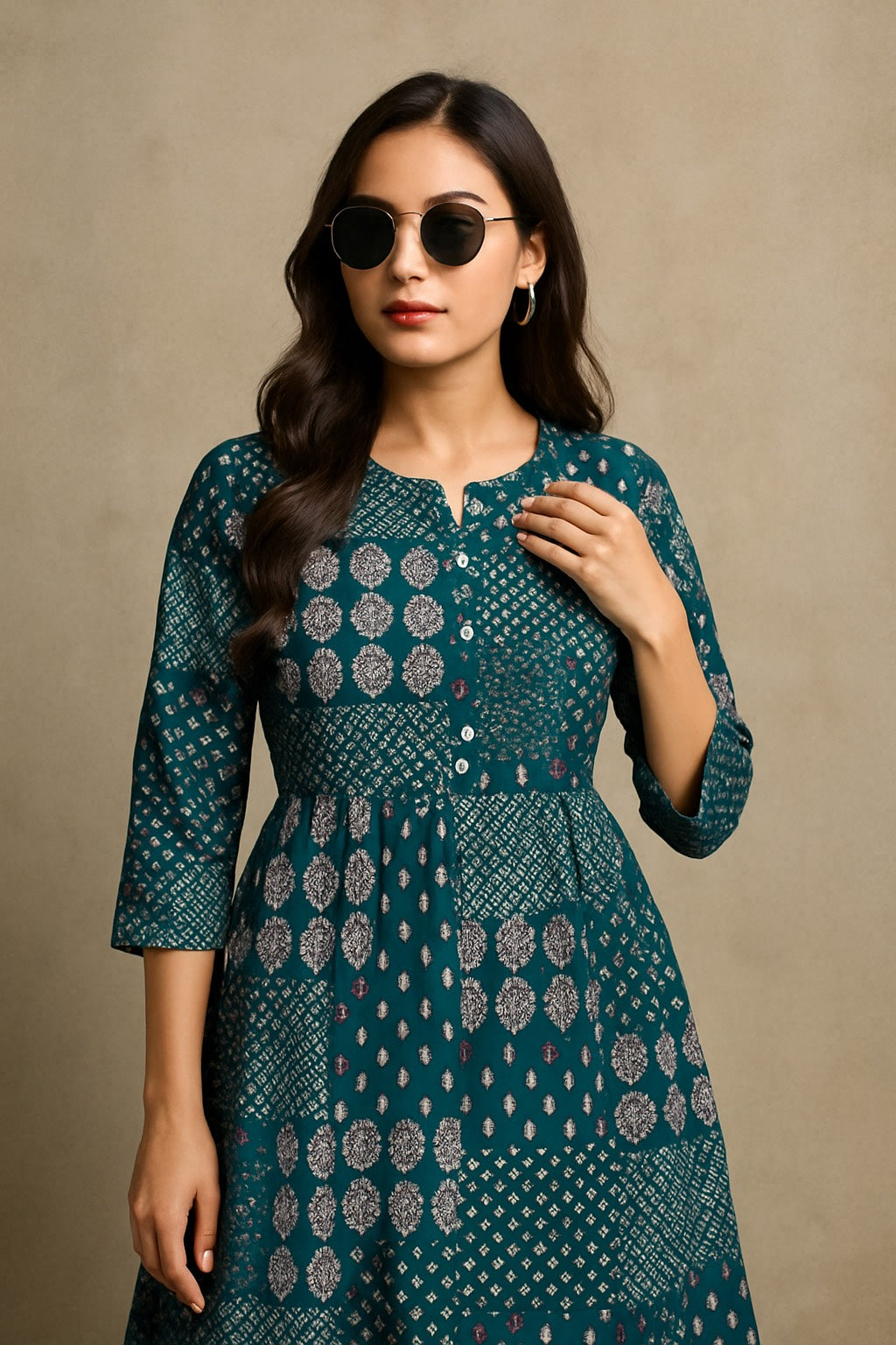 Green Patchwork Printed Kurthi – Elegant Full-Length Flared Design