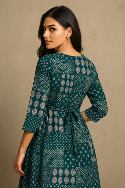 Green Patchwork Printed Kurthi – Elegant Full-Length Flared Design