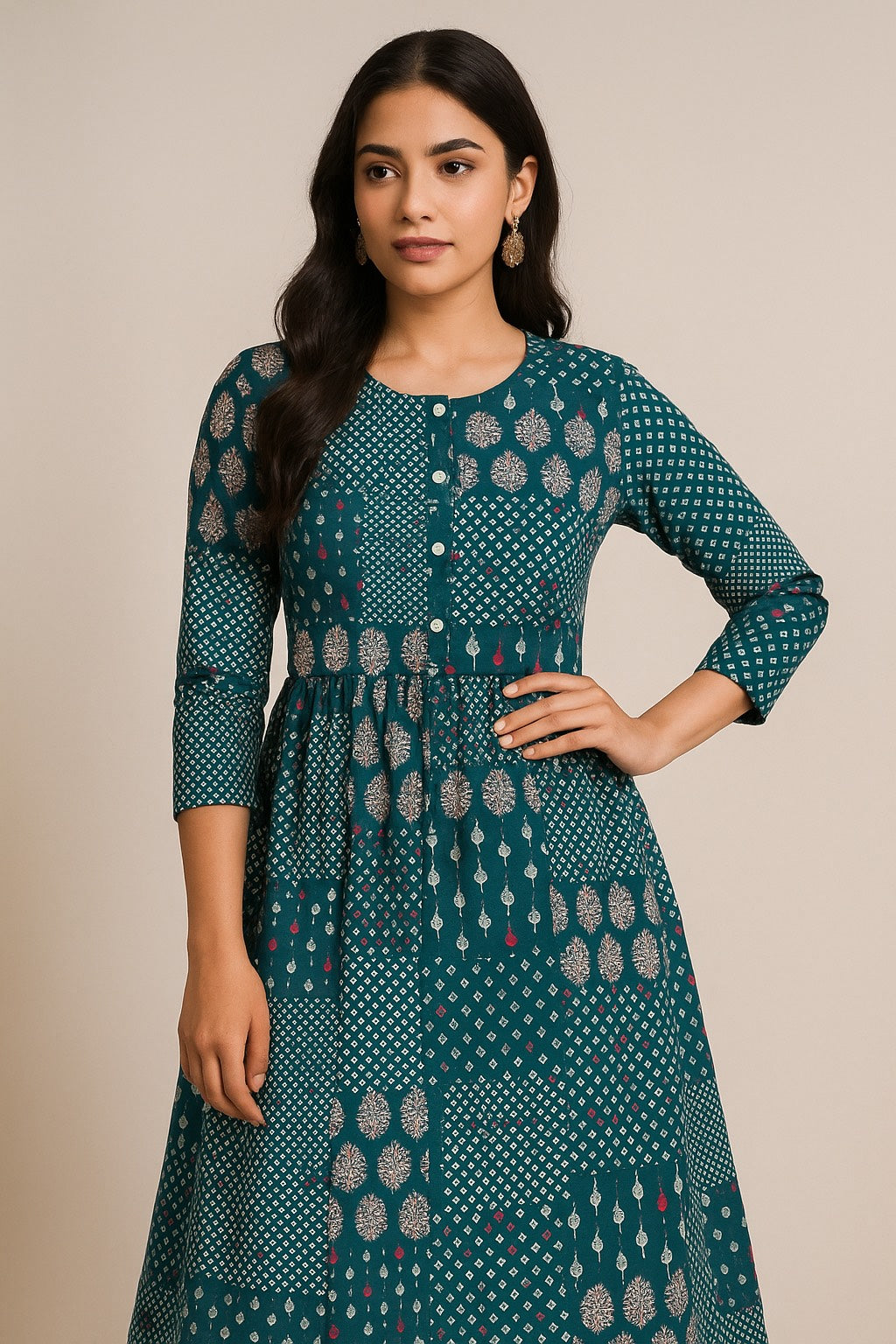 Green Patchwork Printed Kurthi – Elegant Full-Length Flared Design