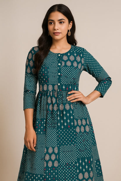 Green Patchwork Printed Kurthi – Elegant Full-Length Flared Design