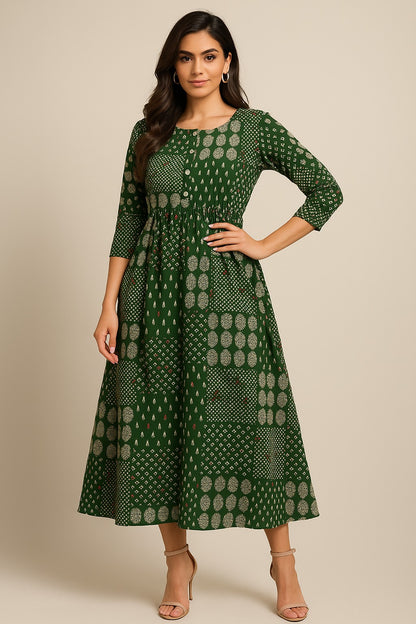 Green Patchwork Printed Kurthi – Elegant Full-Length Flared Design