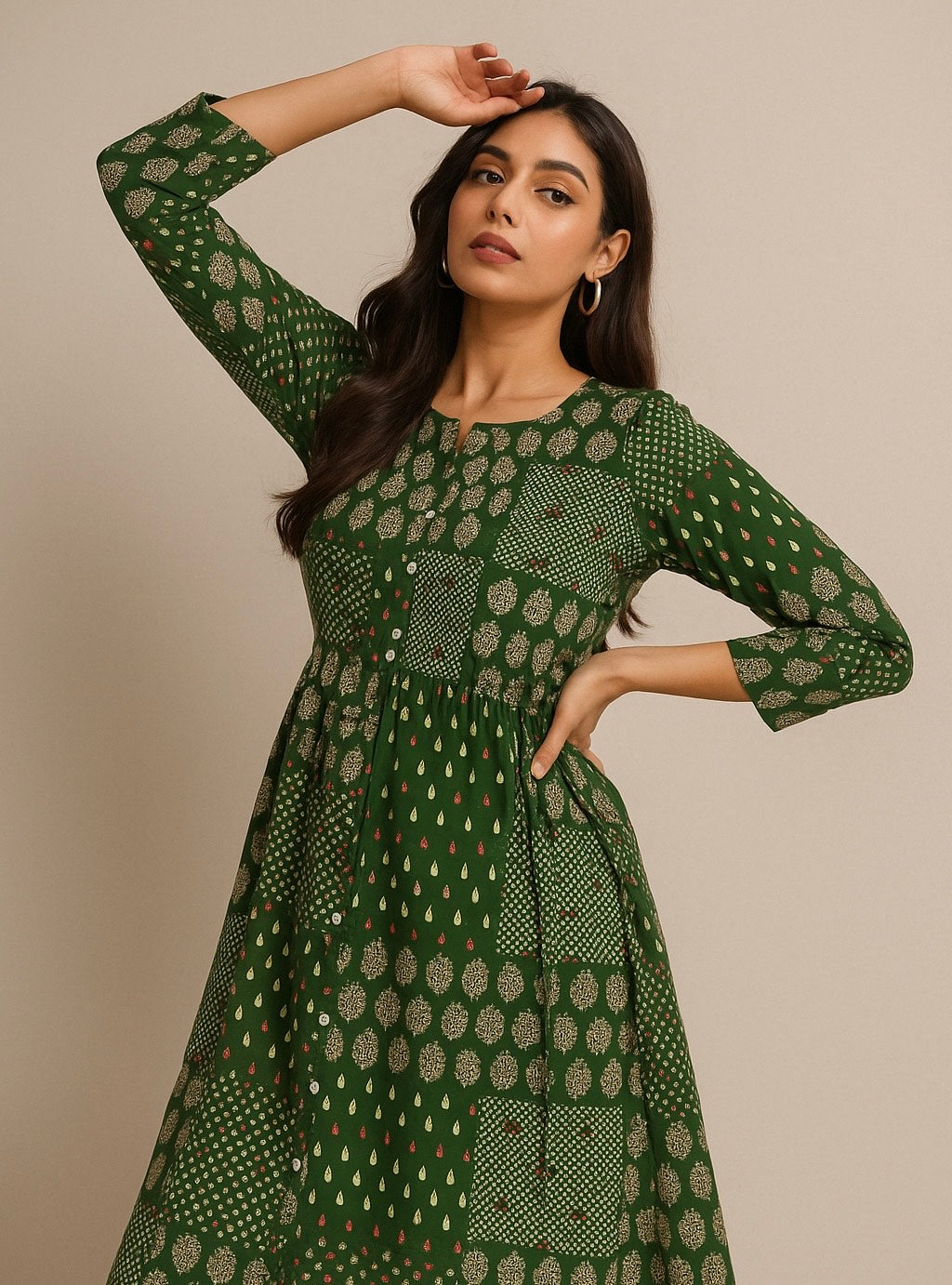 Green Patchwork Printed Kurthi – Elegant Full-Length Flared Design