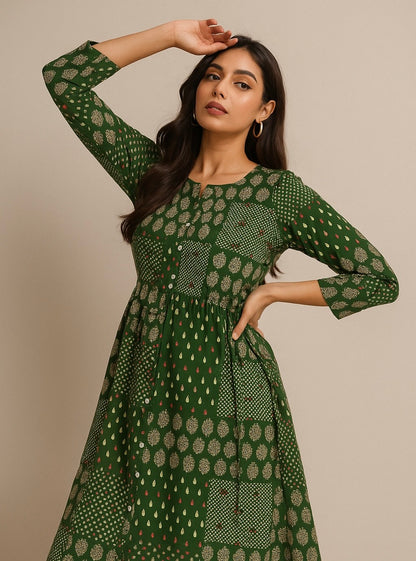 Green Patchwork Printed Kurthi – Elegant Full-Length Flared Design