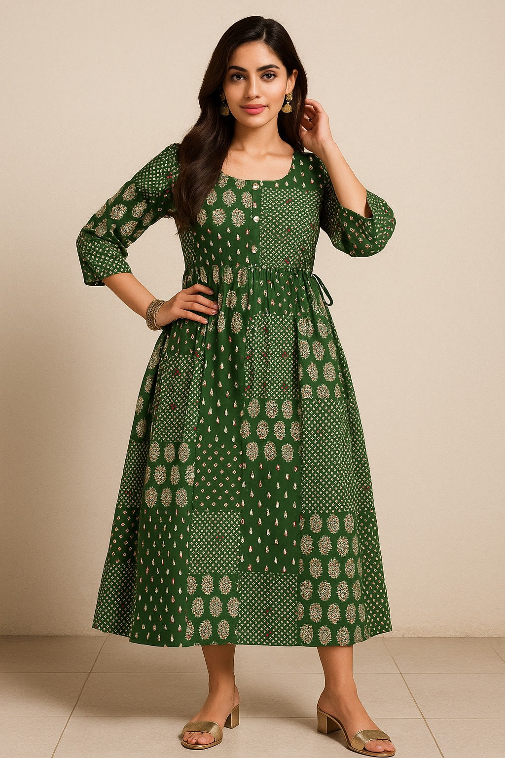 Green Patchwork Printed Kurthi – Elegant Full-Length Flared Design