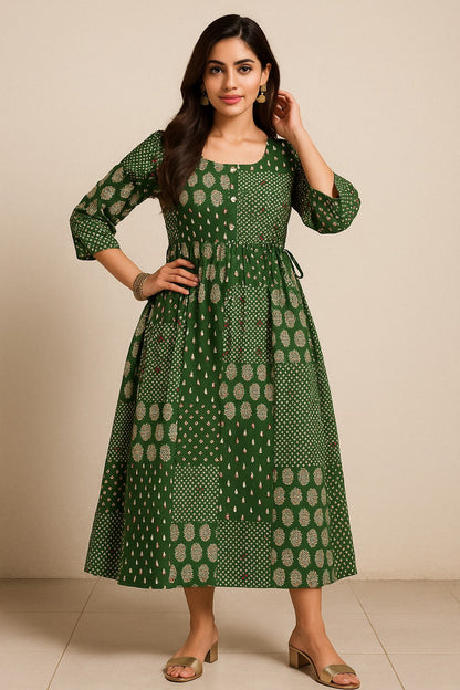 Green Patchwork Printed Kurthi – Elegant Full-Length Flared Design