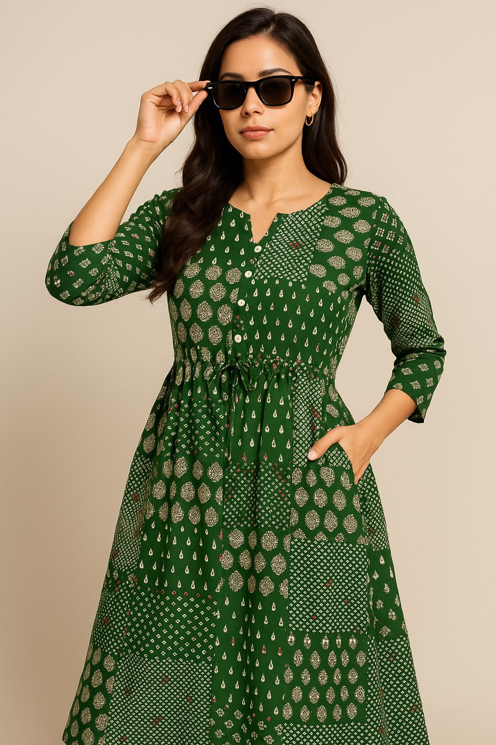 Green Patchwork Printed Kurthi – Elegant Full-Length Flared Design