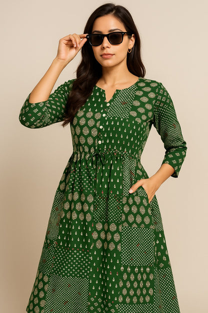 Green Patchwork Printed Kurthi – Elegant Full-Length Flared Design