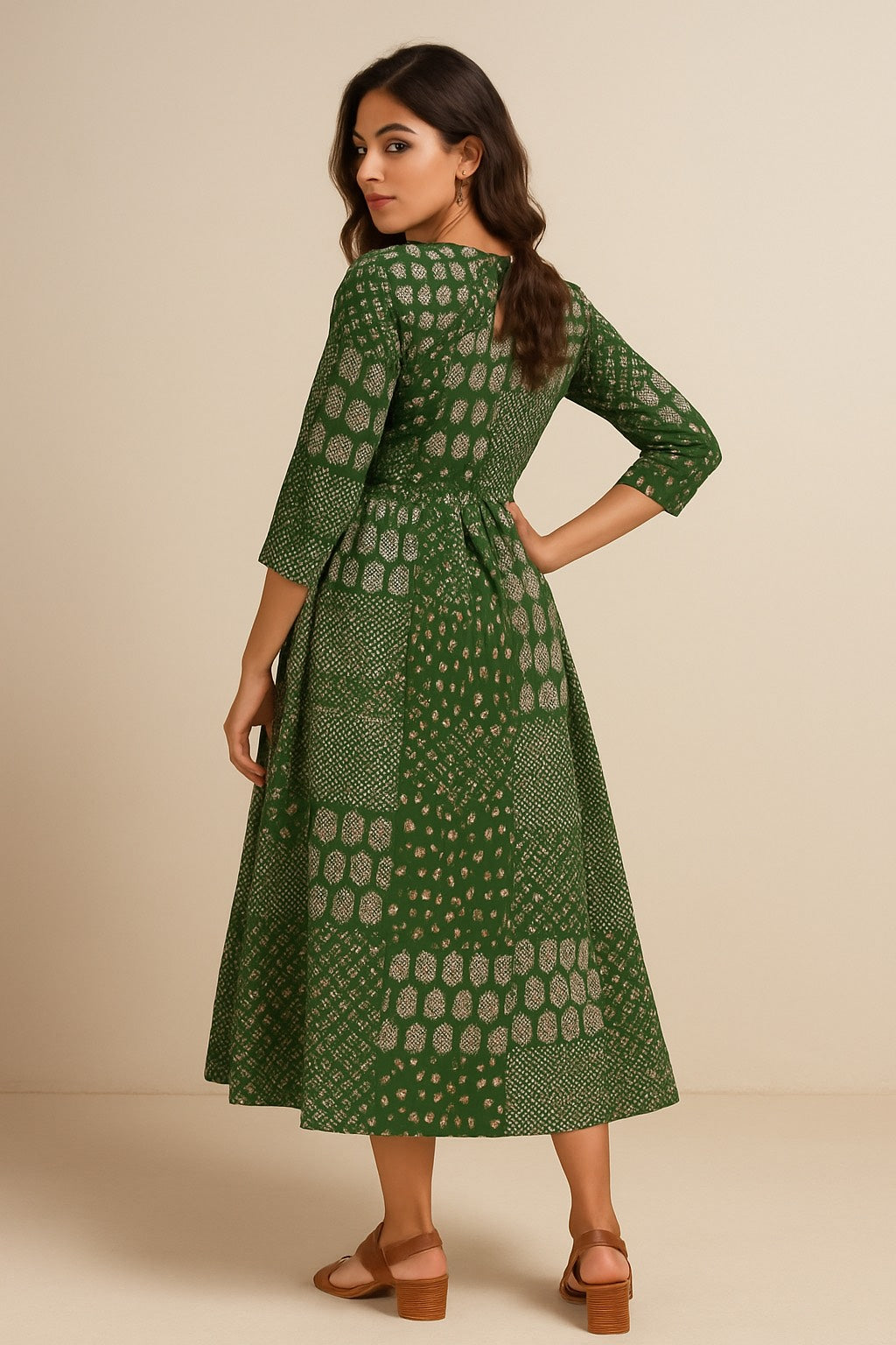 Green Patchwork Printed Kurthi – Elegant Full-Length Flared Design