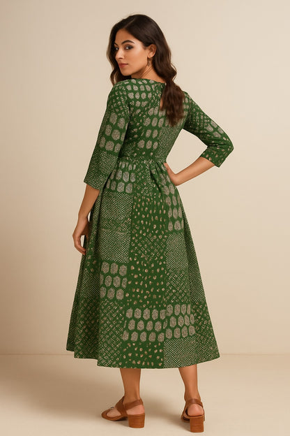 Green Patchwork Printed Kurthi – Elegant Full-Length Flared Design