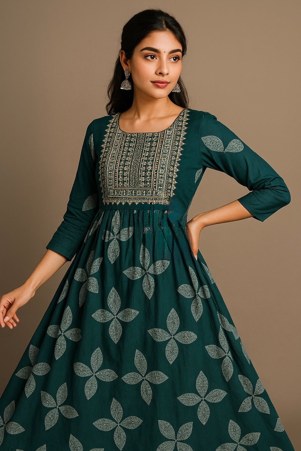 Green Patchwork Printed Kurthi – Elegant Full-Length Flared Design