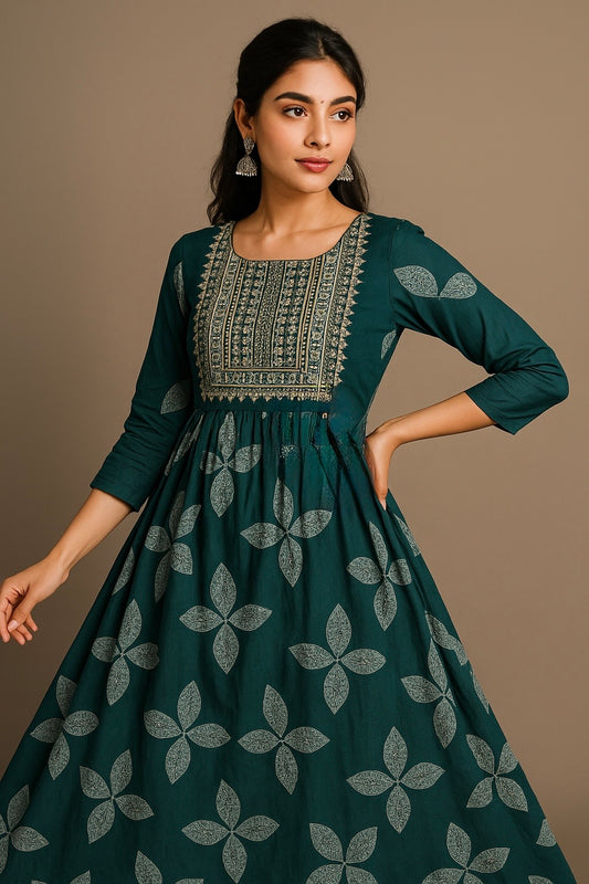 Green Patchwork Printed Kurthi – Elegant Full-Length Flared Design