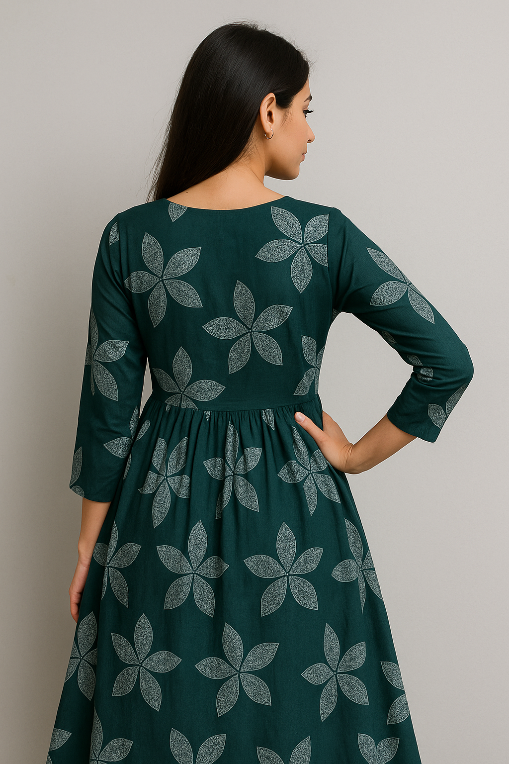 Green Patchwork Printed Kurthi – Elegant Full-Length Flared Design