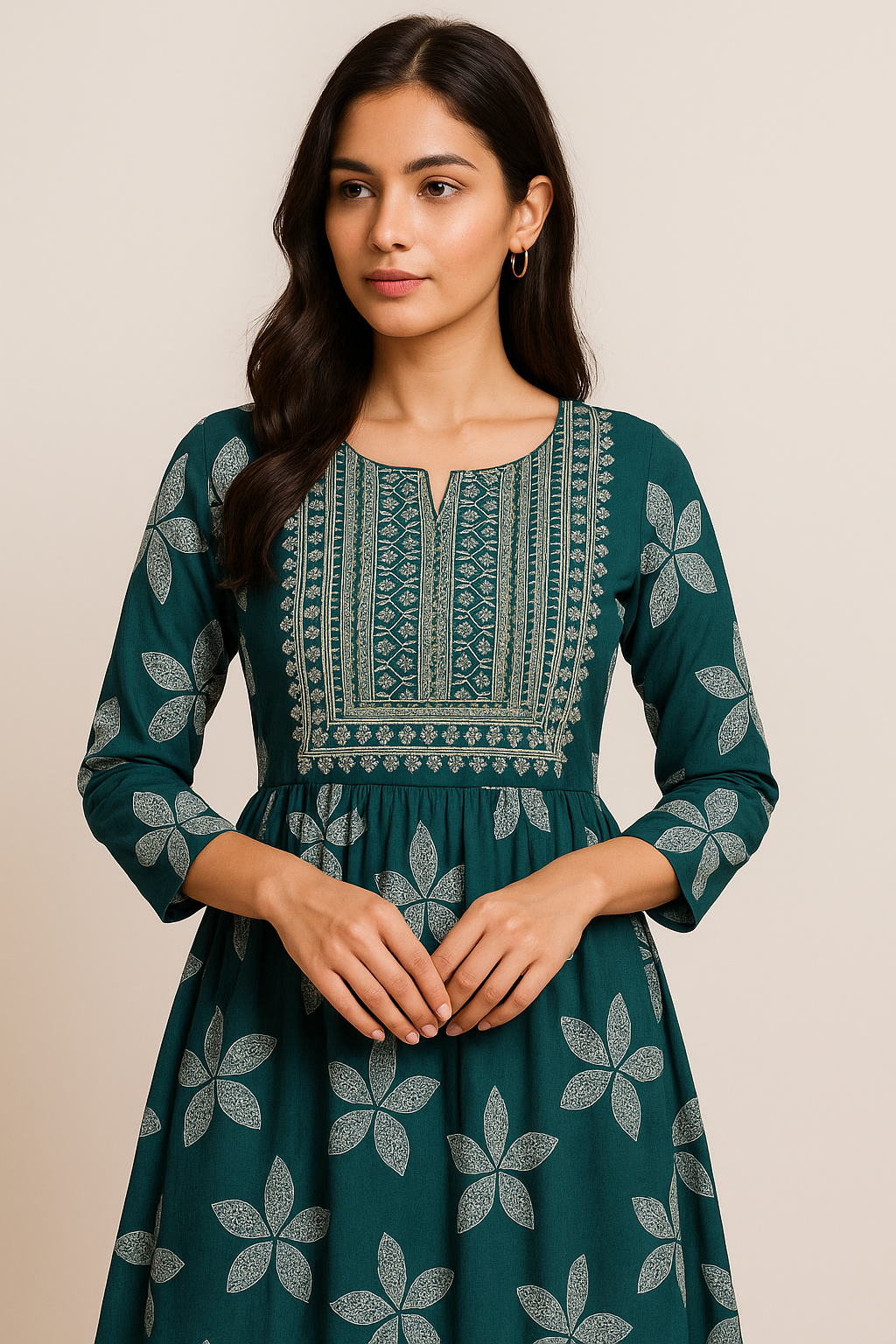 Green Patchwork Printed Kurthi – Elegant Full-Length Flared Design