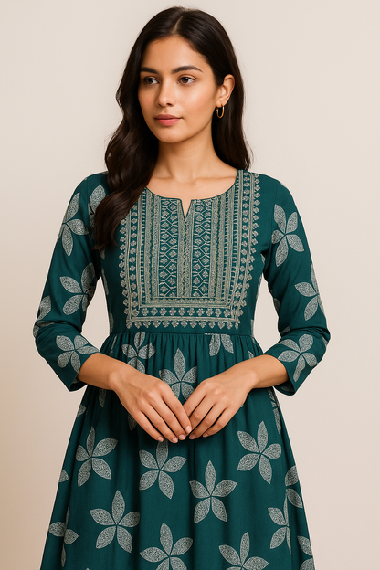 Green Patchwork Printed Kurthi – Elegant Full-Length Flared Design