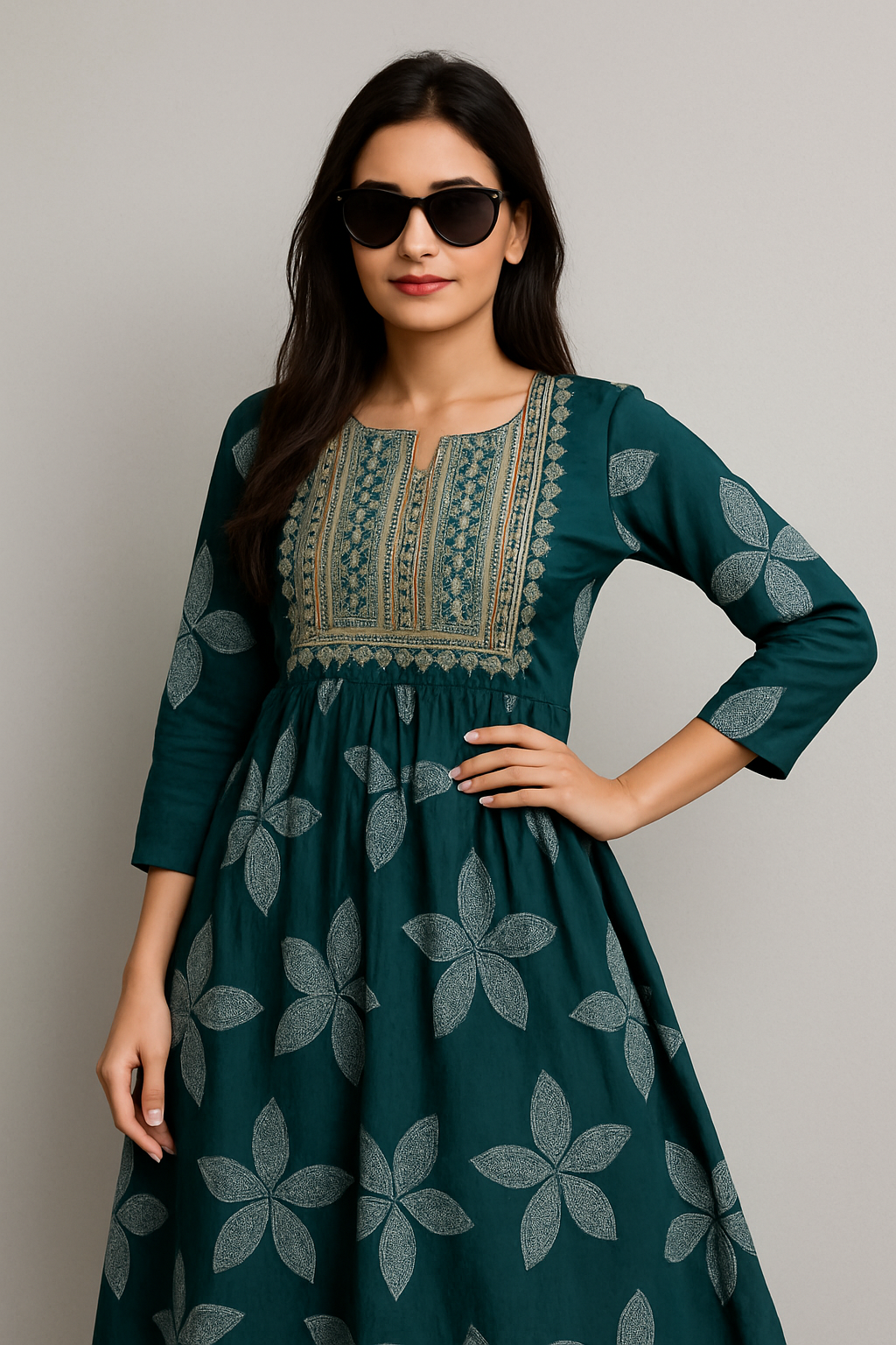 Green Patchwork Printed Kurthi – Elegant Full-Length Flared Design
