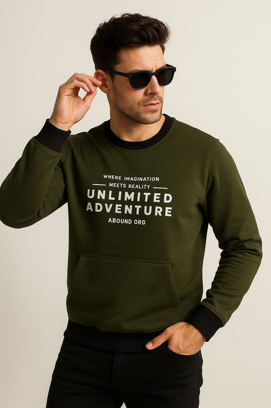 Green Sweatshirt with Black Trim – “Unlimited Adventure” Print