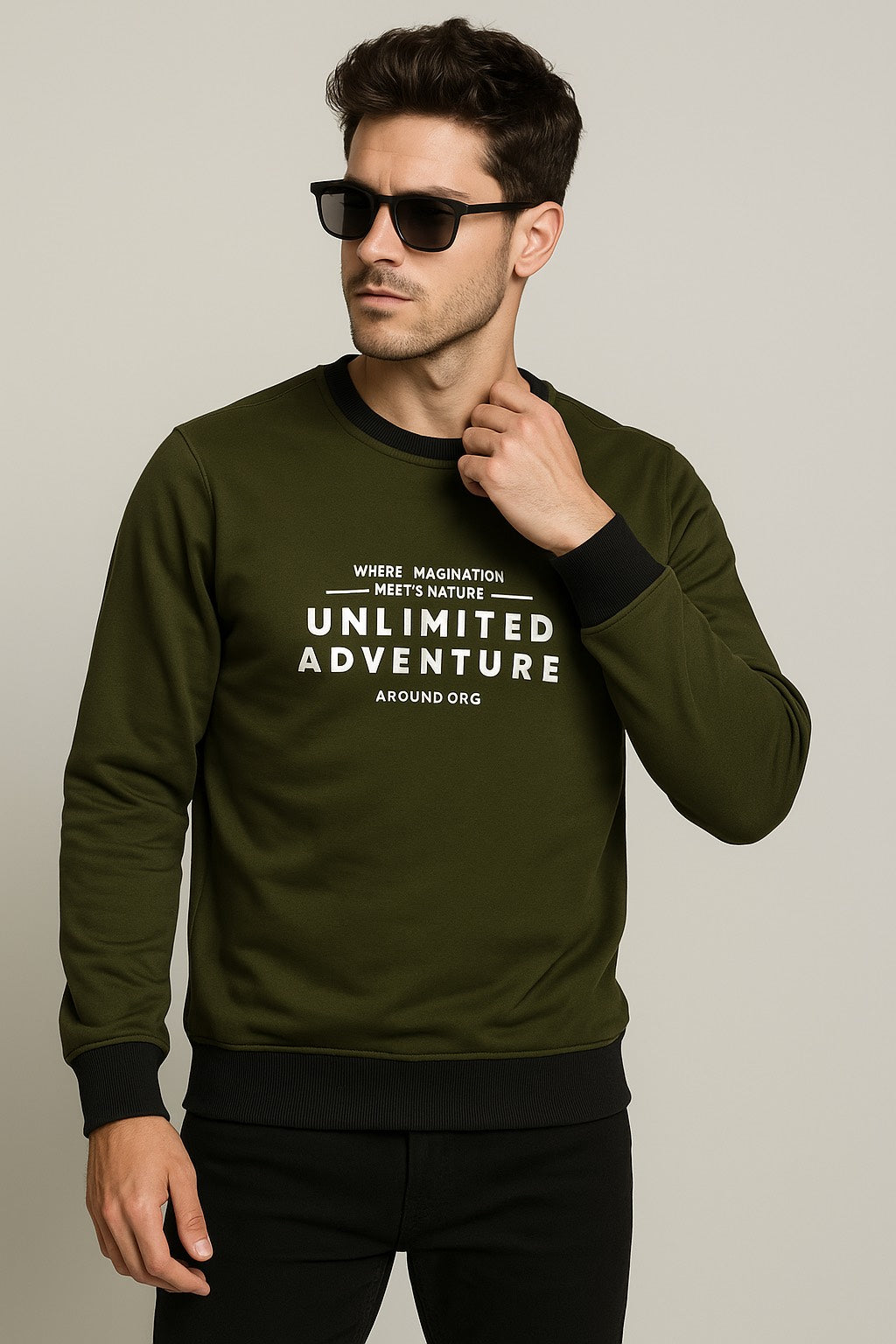 Green Sweatshirt with Black Trim – “Unlimited Adventure” Print