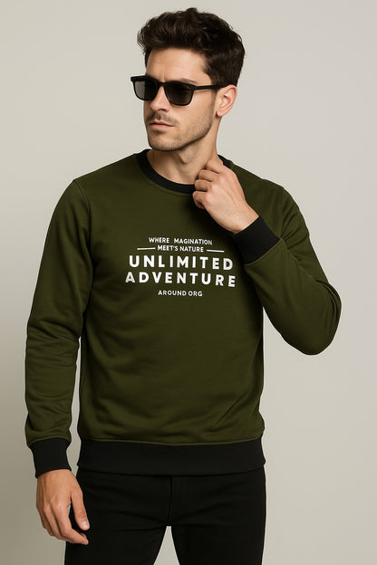 Green Sweatshirt with Black Trim – “Unlimited Adventure” Print