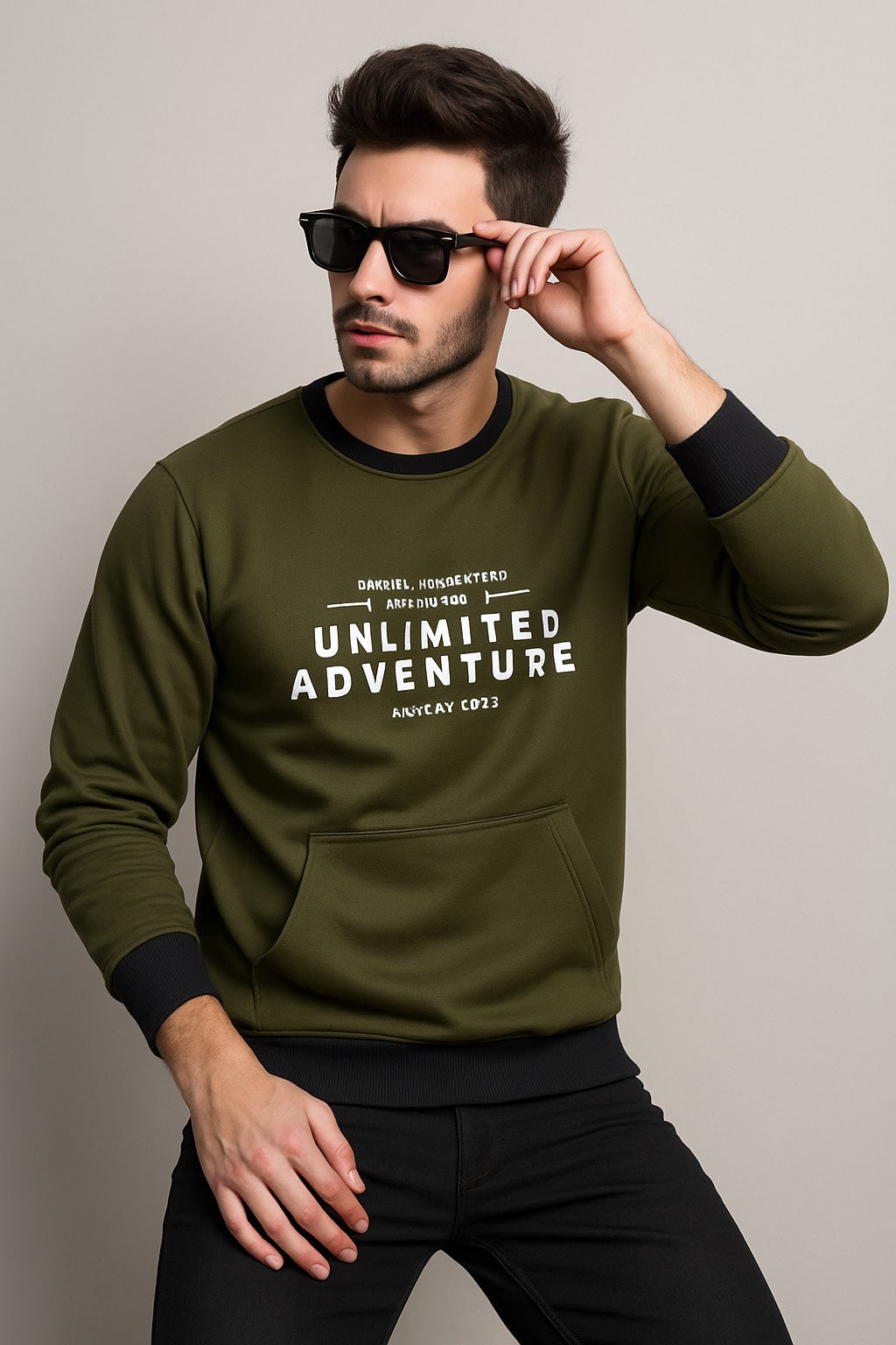 Green Sweatshirt with Black Trim – “Unlimited Adventure” Print