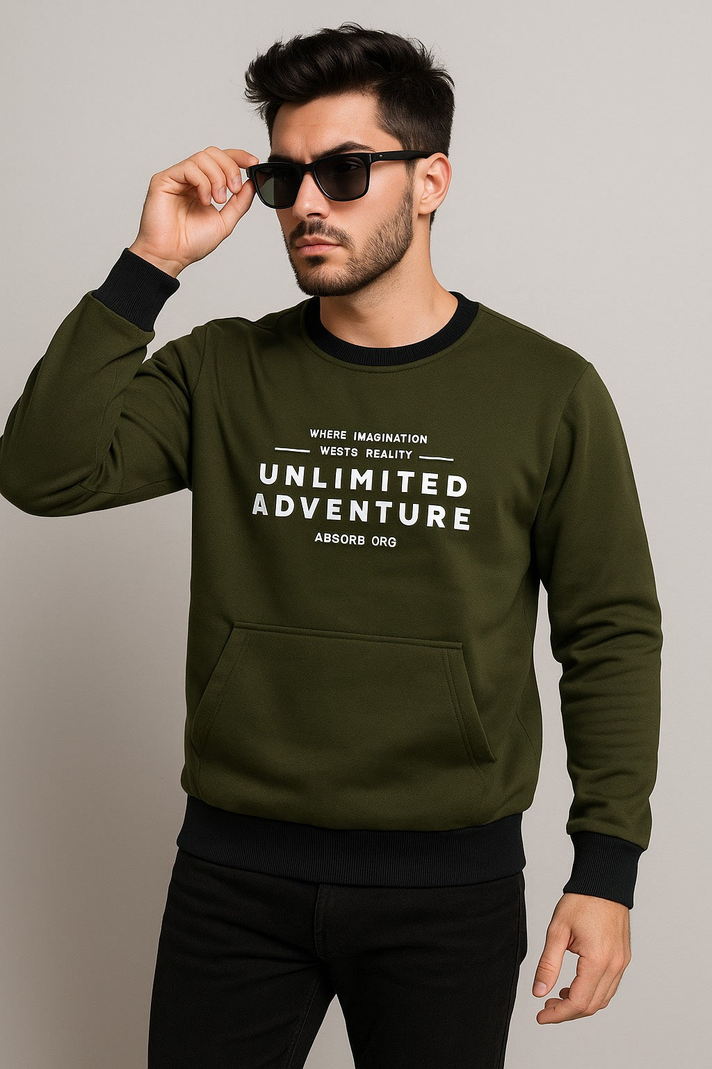 Green Sweatshirt with Black Trim – “Unlimited Adventure” Print