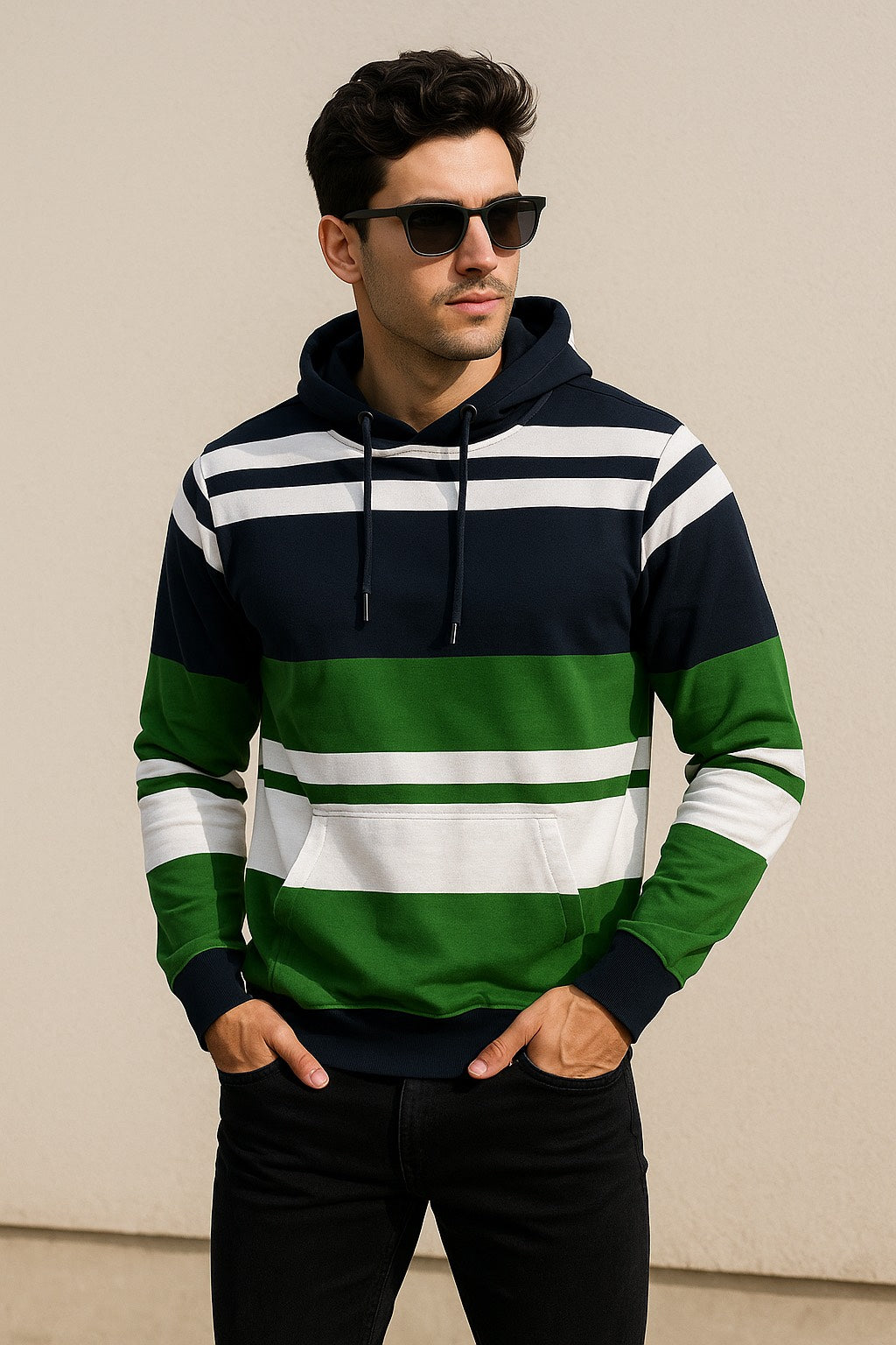 Navy-Green Striped Hooded Sweatshirt – Bold & Cozy Streetwear