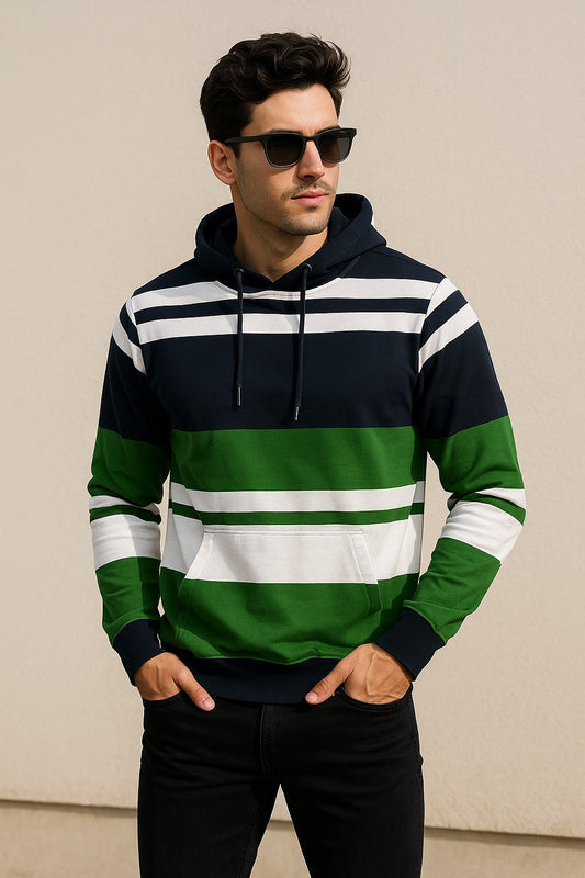 Navy-Green Striped Hooded Sweatshirt – Bold & Cozy Streetwear