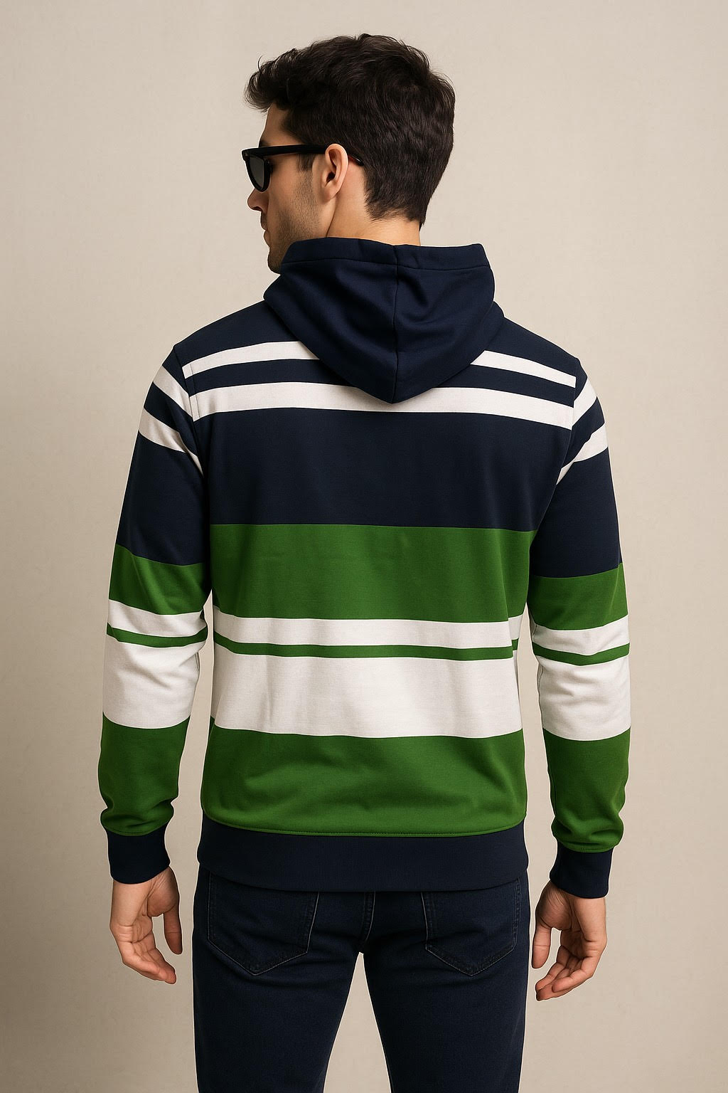 Navy-Green Striped Hooded Sweatshirt – Bold & Cozy Streetwear