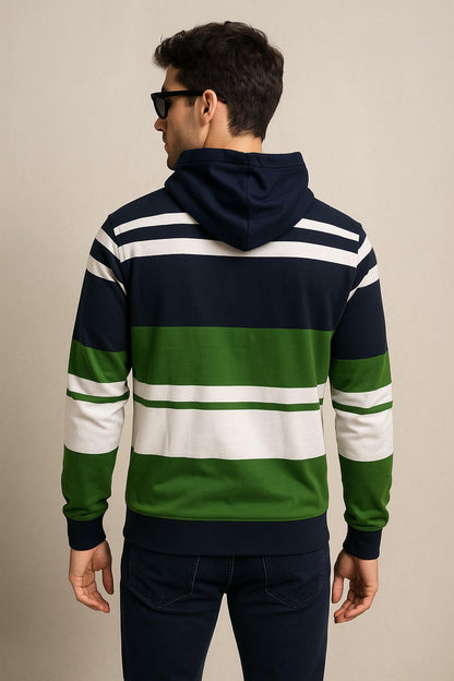 Navy-Green Striped Hooded Sweatshirt – Bold & Cozy Streetwear