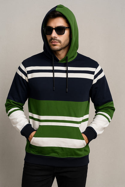 Navy-Green Striped Hooded Sweatshirt – Bold & Cozy Streetwear