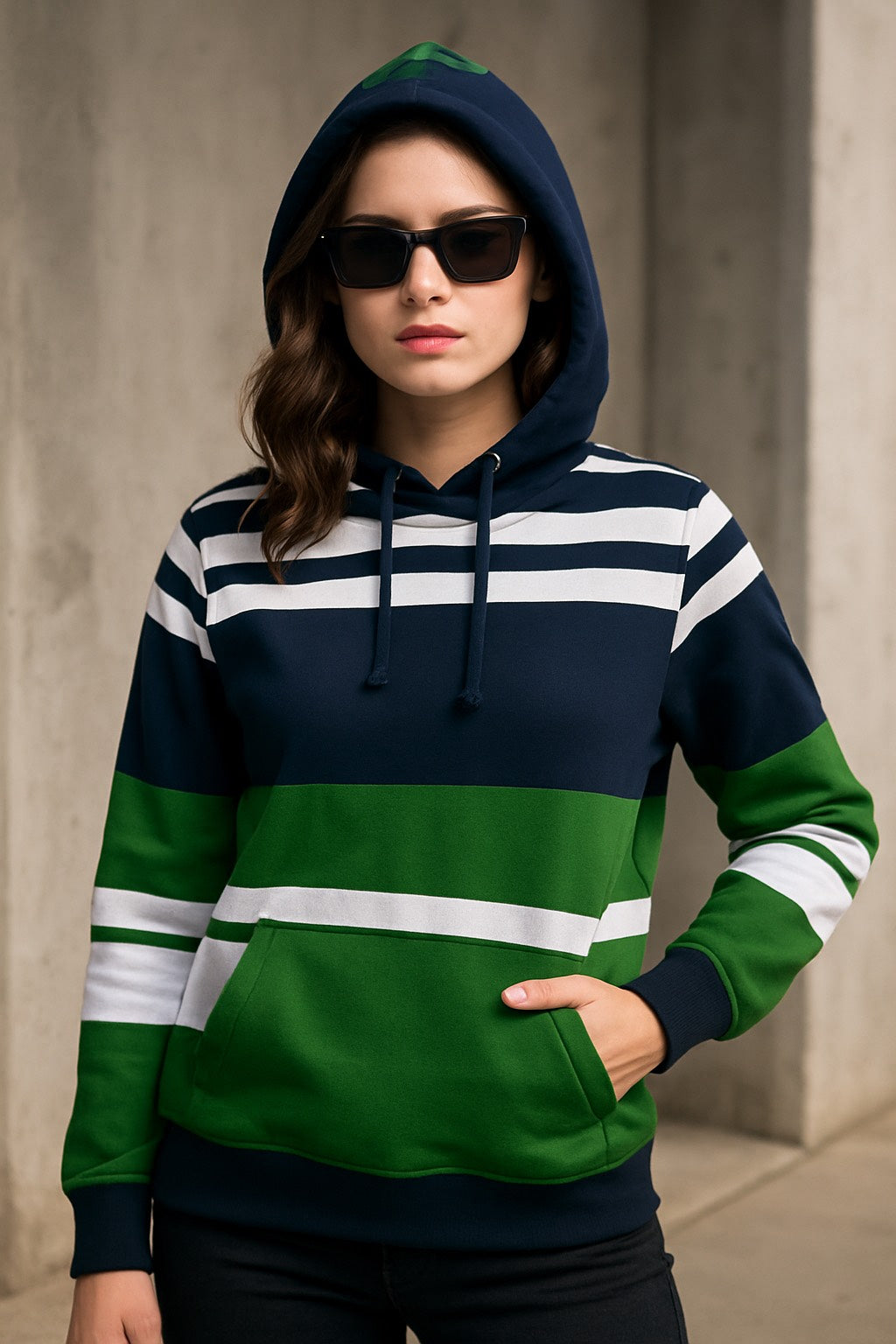 Navy-Green Striped Hooded Sweatshirt – Bold & Cozy Streetwear for Women