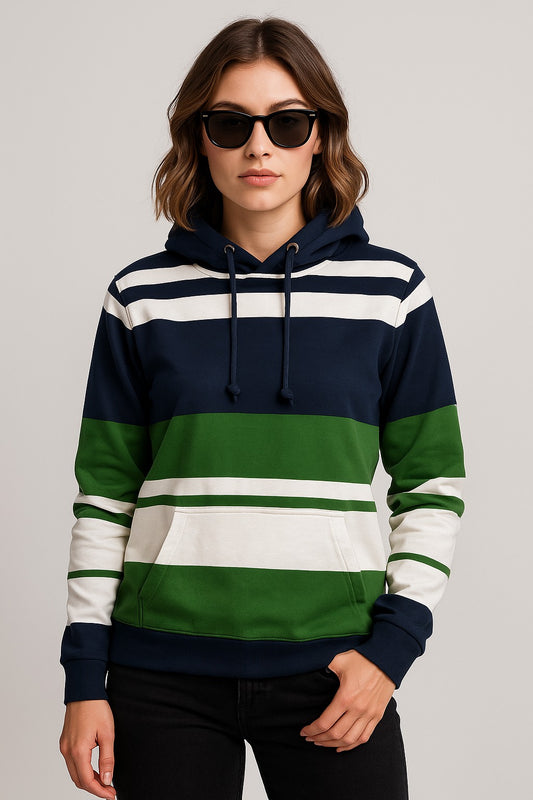 Navy-Green Striped Hooded Sweatshirt – Bold & Cozy Streetwear for Women