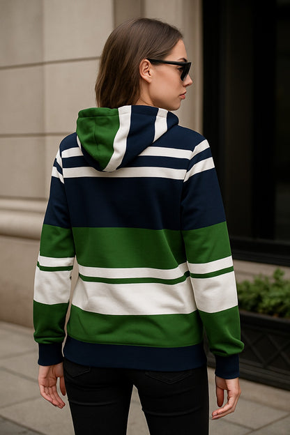 Navy-Green Striped Hooded Sweatshirt – Bold & Cozy Streetwear for Women