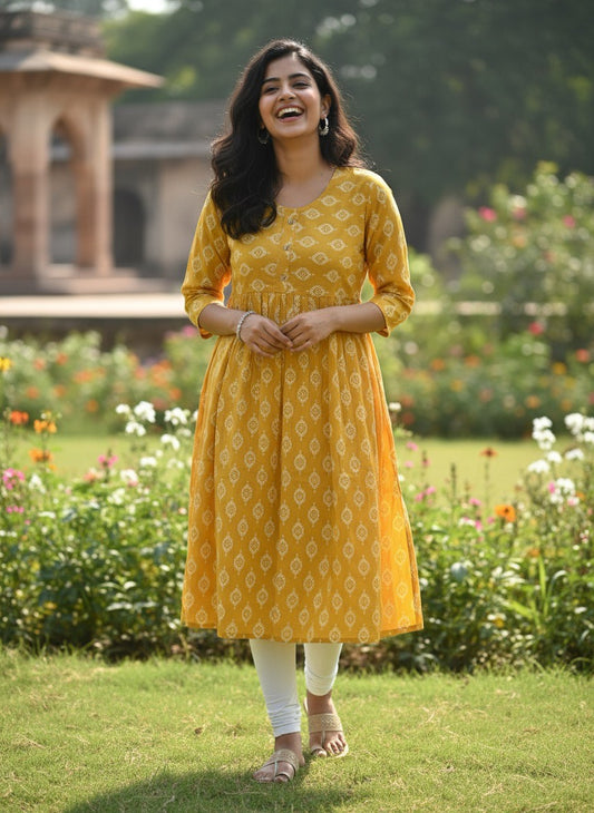 Elegant Printed Flared Kurti – Available in Red, Yellow & Teal (3XL)