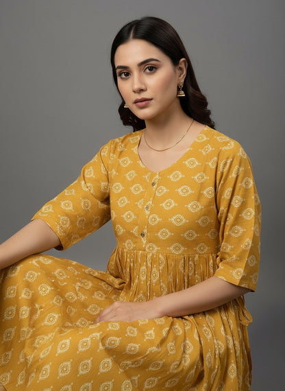 Elegant Printed Flared Kurti – Available in Red, Yellow & Teal (3XL)
