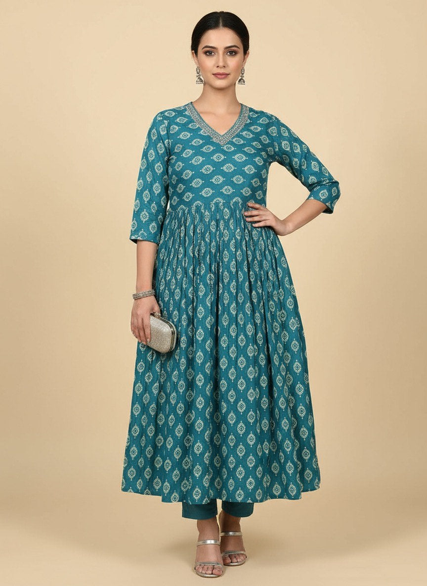 Elegant Printed Flared Kurti – Available in Red, Yellow & Teal (3XL)