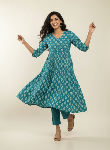 Elegant Printed Flared Kurti – Available in Red, Yellow & Teal (3XL)