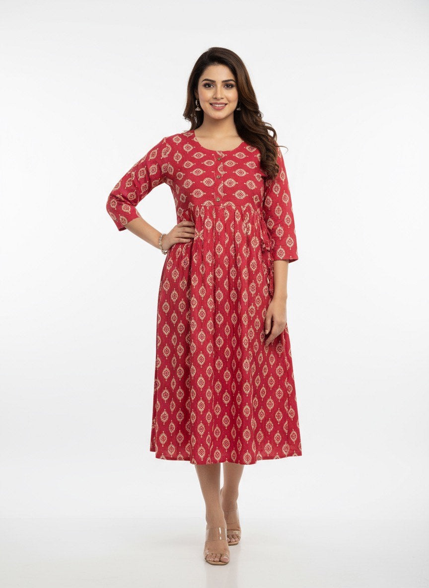 Elegant Printed Flared Kurti – Available in Red, Yellow & Teal (3XL)