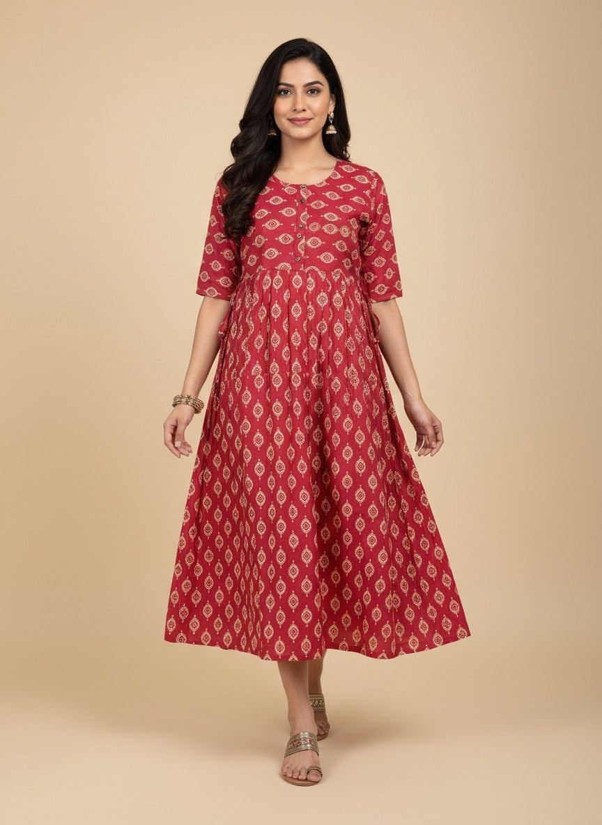 Elegant Printed Flared Kurti – Available in Red, Yellow & Teal (3XL)