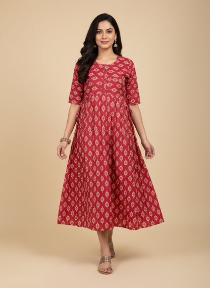Elegant Printed Flared Kurti – Available in Red, Yellow & Teal (3XL)
