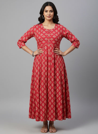 Elegant Printed Flared Kurti – Available in Red, Yellow & Teal (3XL)